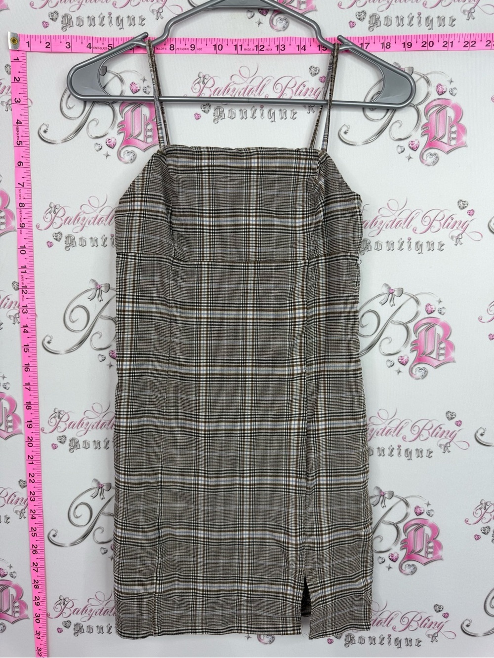 Garage dress mini Brown Plaid Midi Spaghetti-Strap Dress